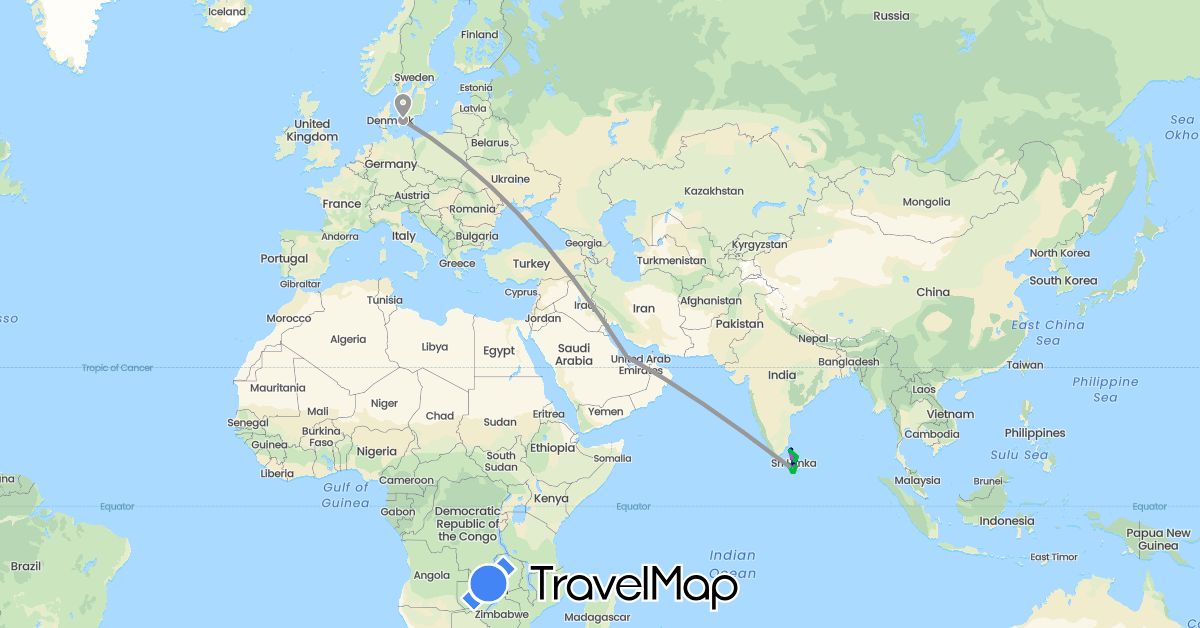TravelMap itinerary: driving, bus, plane, train in Denmark, Sri Lanka, Qatar (Asia, Europe)